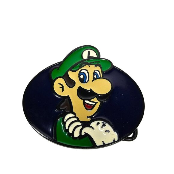 Luigi Metal Belt Buckle Blue Enamel 3" X 3.5" Oval Mario Bros - Picture 1 of 6